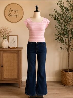 Back2School 3pc Outfit Bundle Flare Jeans Crochet Top Pink Tee Size 12Y NWT